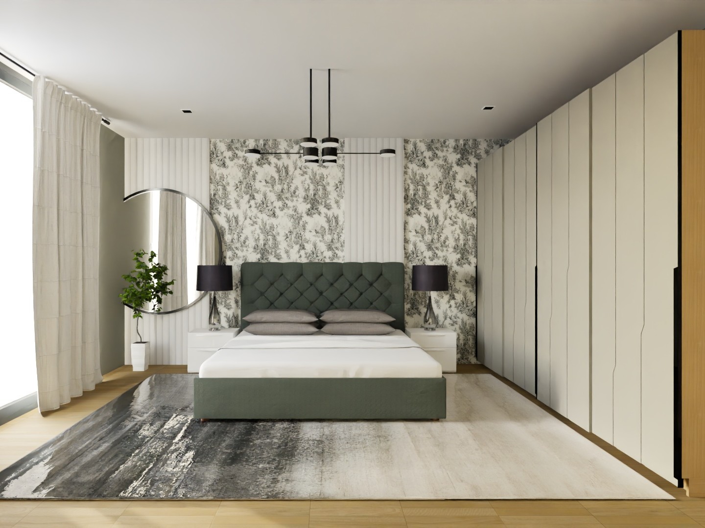 Bedroom with green headboard and sliding wardrobe - Beautiful Homes