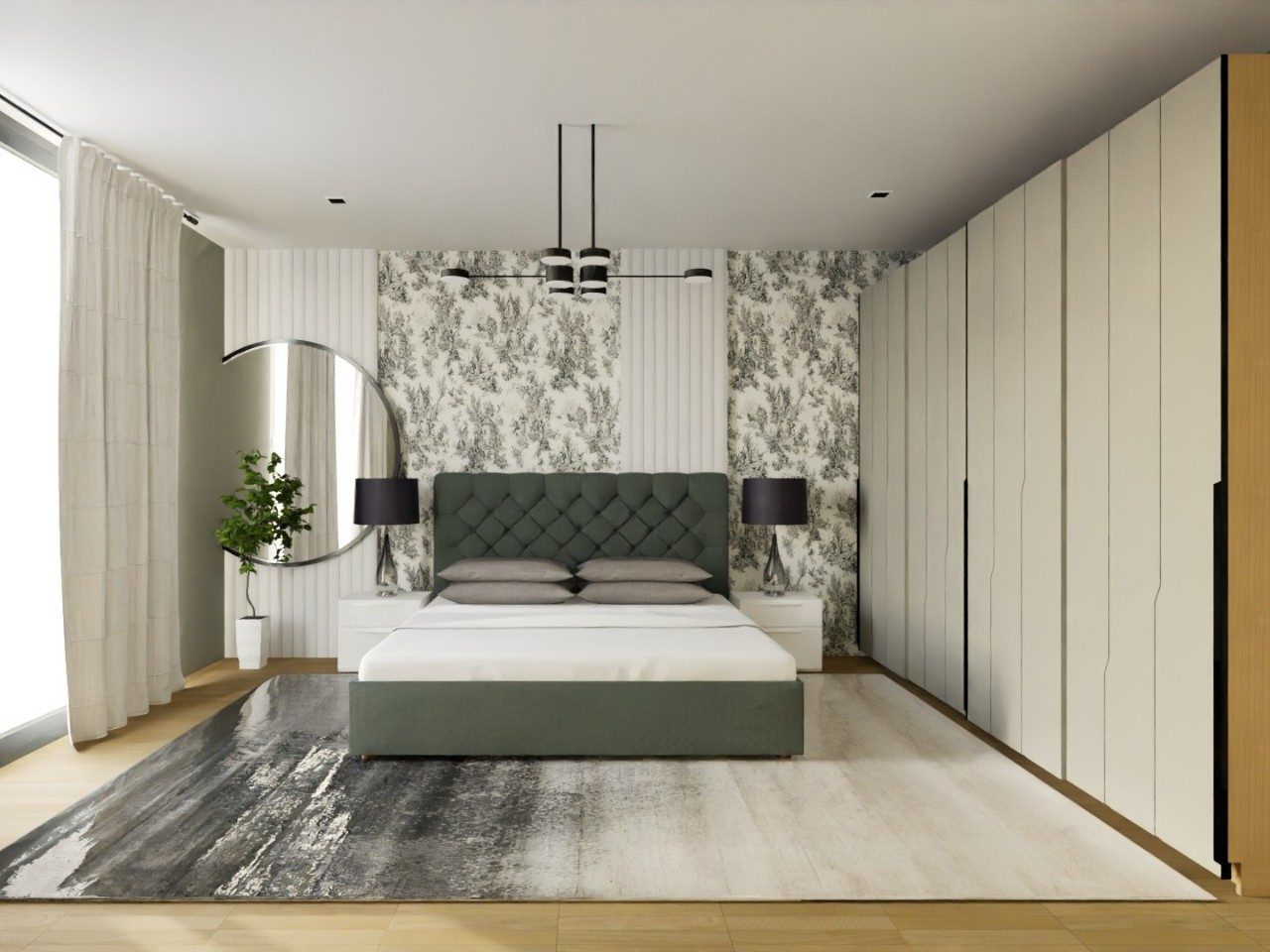 Bedroom with green headboard and sliding wardrobe - Beautiful Homes