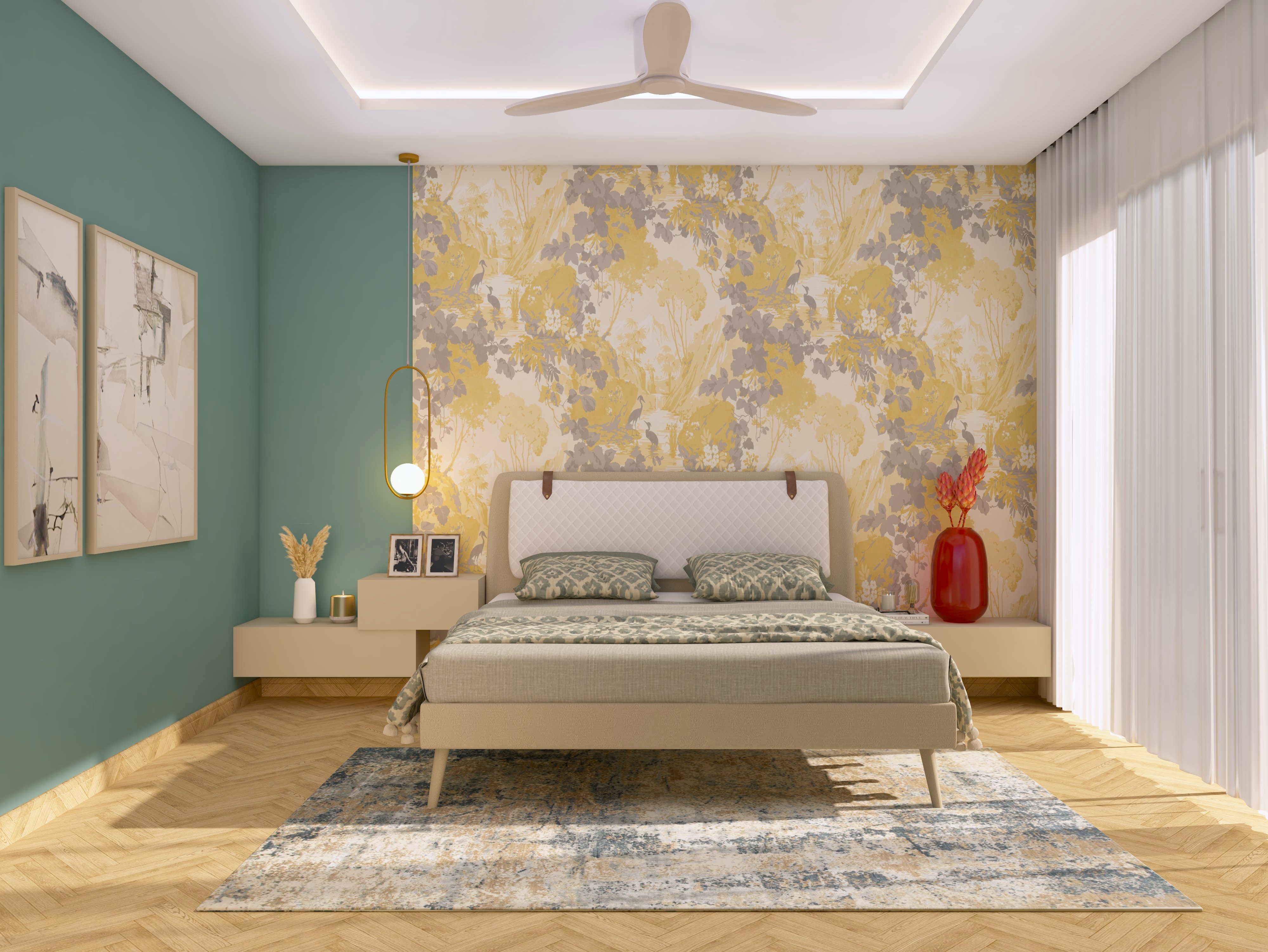 Contemporary bedroom with upholstered bed and wallpaper with golden accents-Beautiful Homes