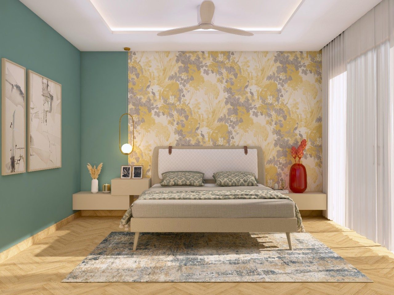 Contemporary bedroom with upholstered bed and wallpaper with golden accents-Beautiful Homes