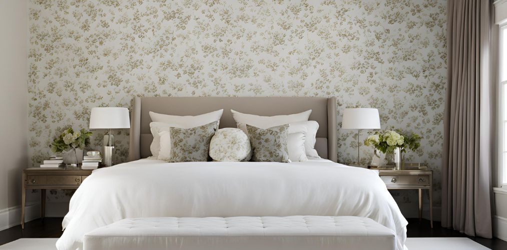 Contemporary bedroom with white floral wallpaper - Beautiful Homes