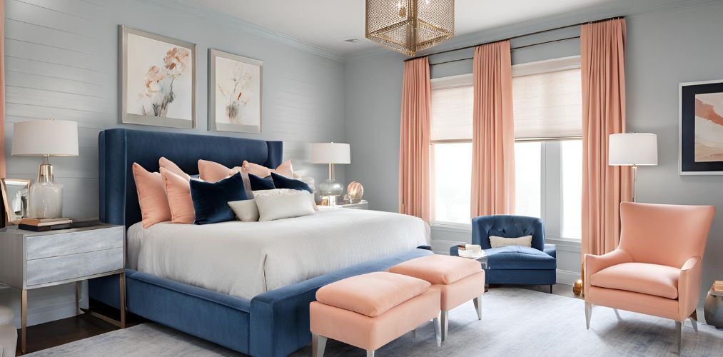 Contemporary blue and peach master bedroom with accent chairs - Beautiful Homes