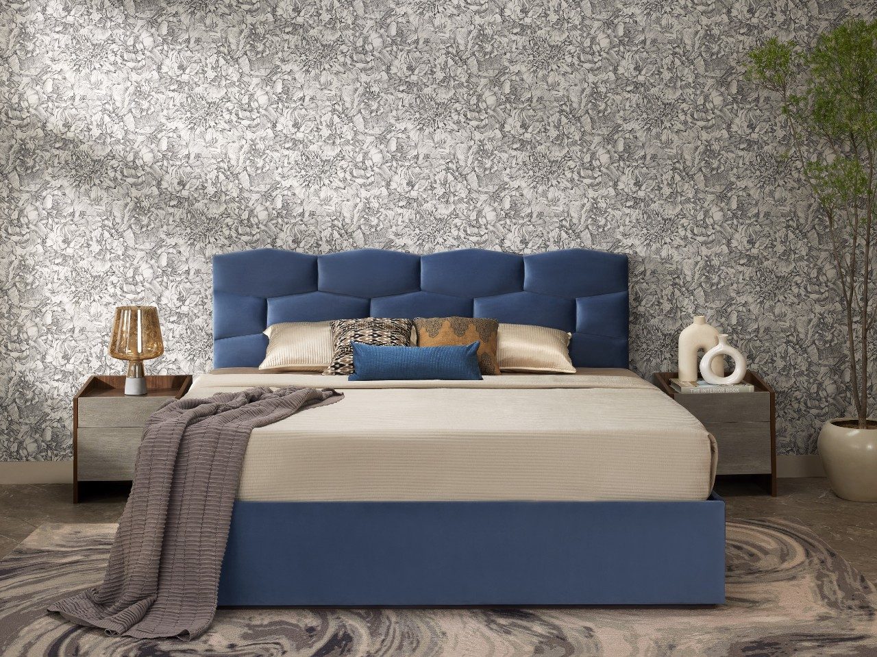 Chic bedroom with blue bed and grayscale wallpaper - Beautiful Homes