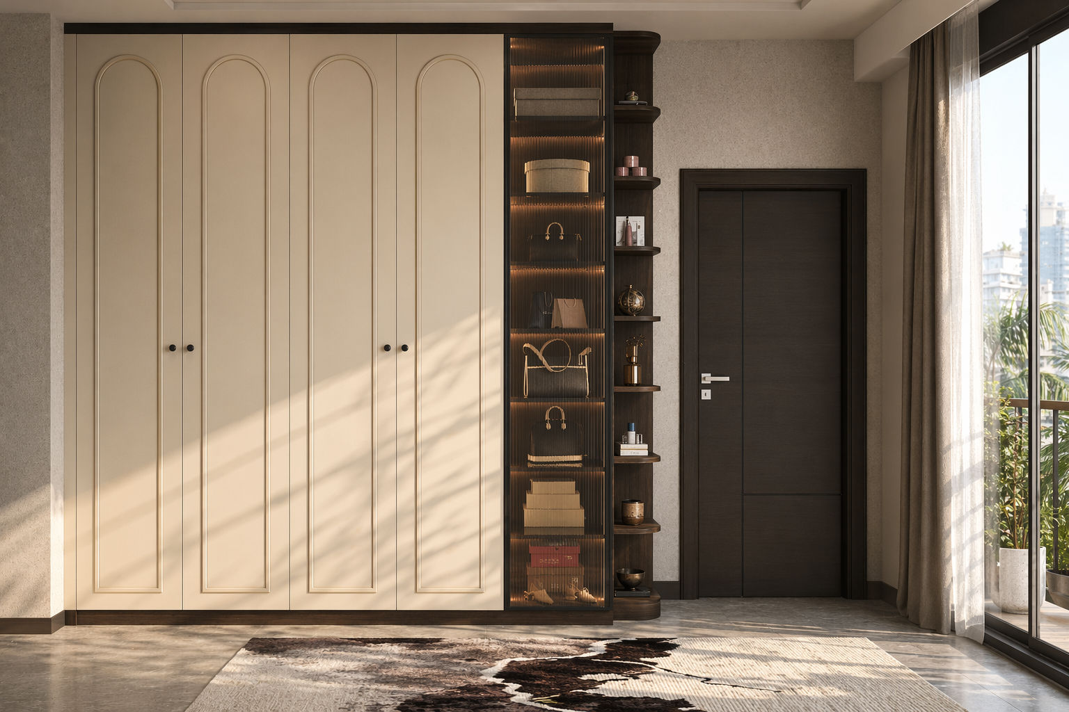 Floor-to-ceiling cream wardrobe with arched panel doors, a ribbed glass display cabinet with warm lighting, and curved dark wood side shelves - Beautiful Homes