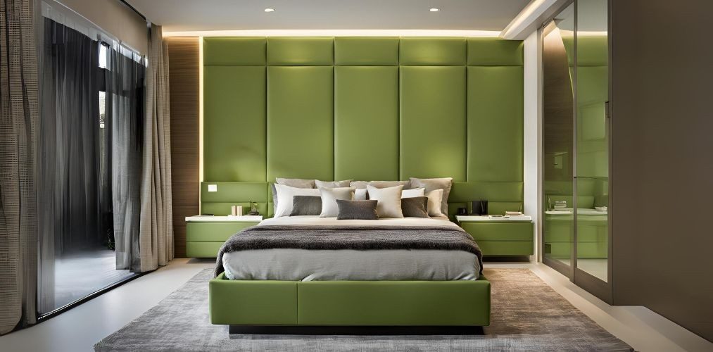 Contemporary green bedroom with bed storage - Beautiful Homes