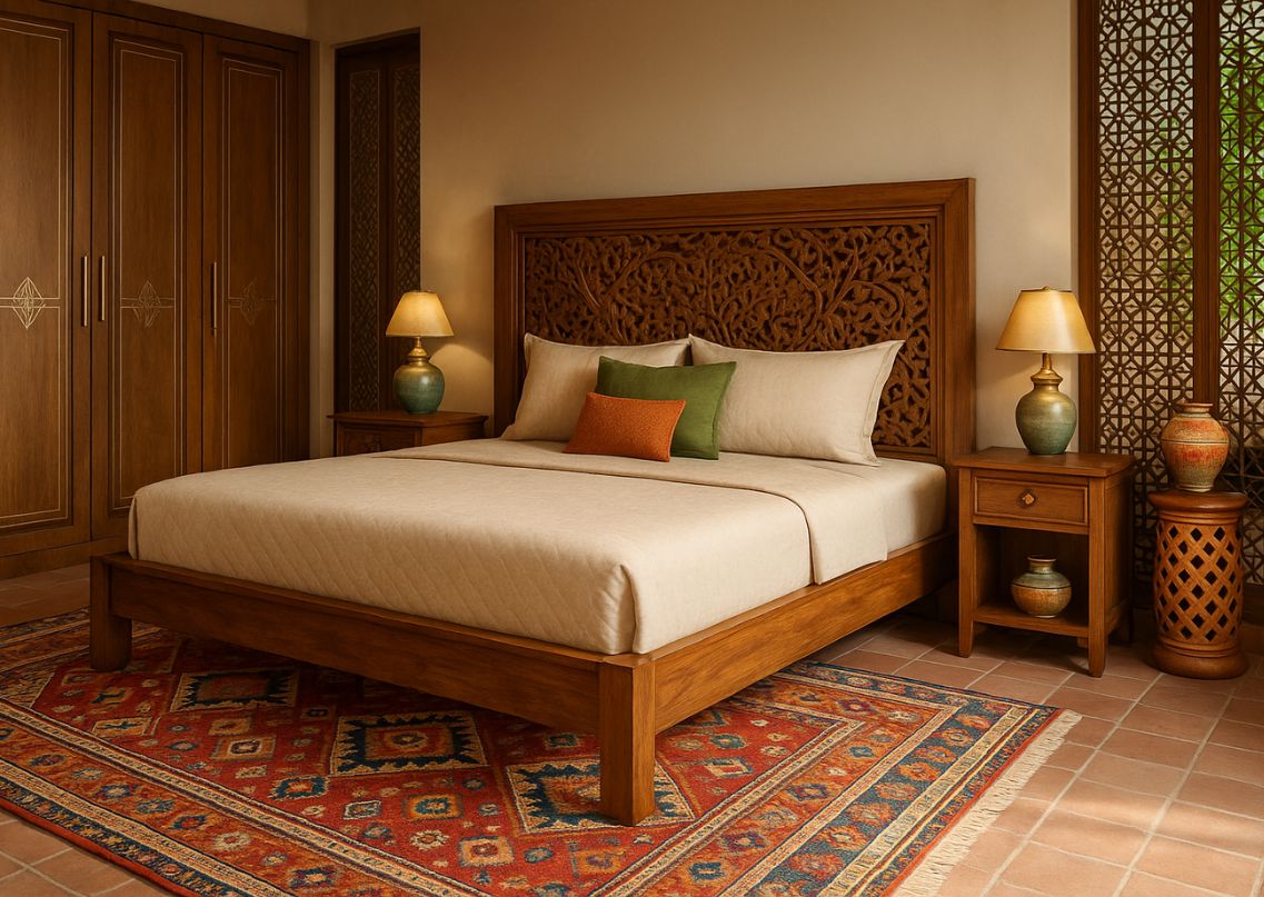Contemporary Indian bedroom with a carved wooden bed and vibrant rug - Beautiful Homes