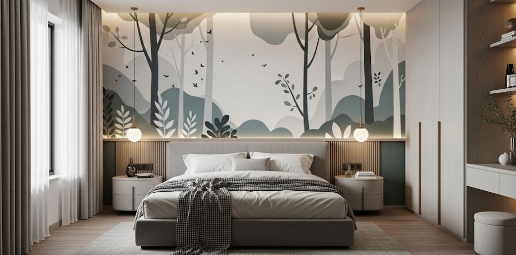 Modern bedroom with nature-themed wall art and grey bed - Beautiful Homes