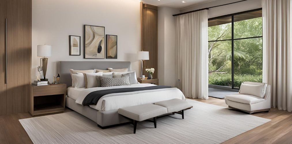 Contemporary master bedroom design with grey upholstered king bed - Beautiful Homes