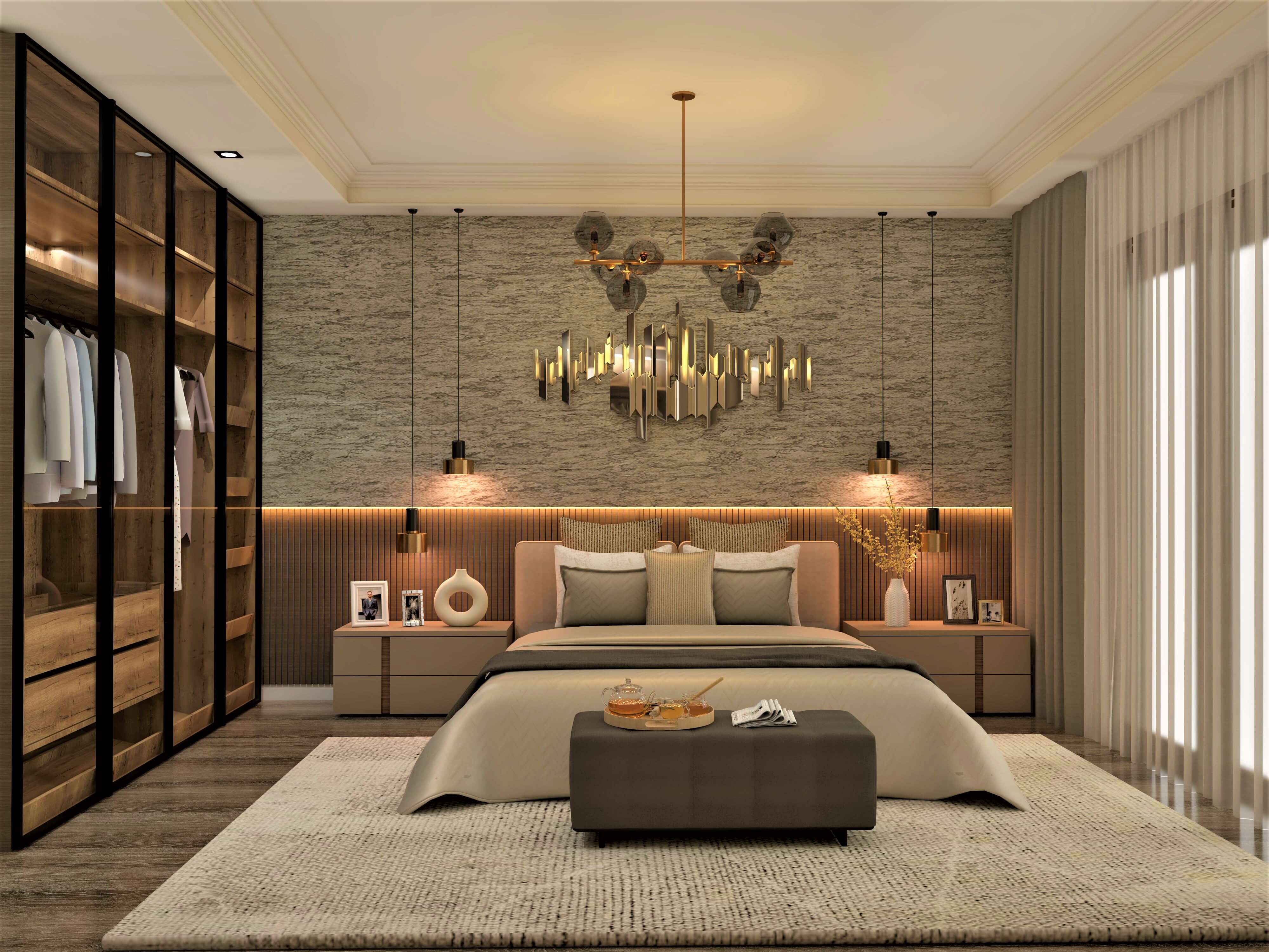Contemporary master bedroom design with textured wall - Beautiful Homes