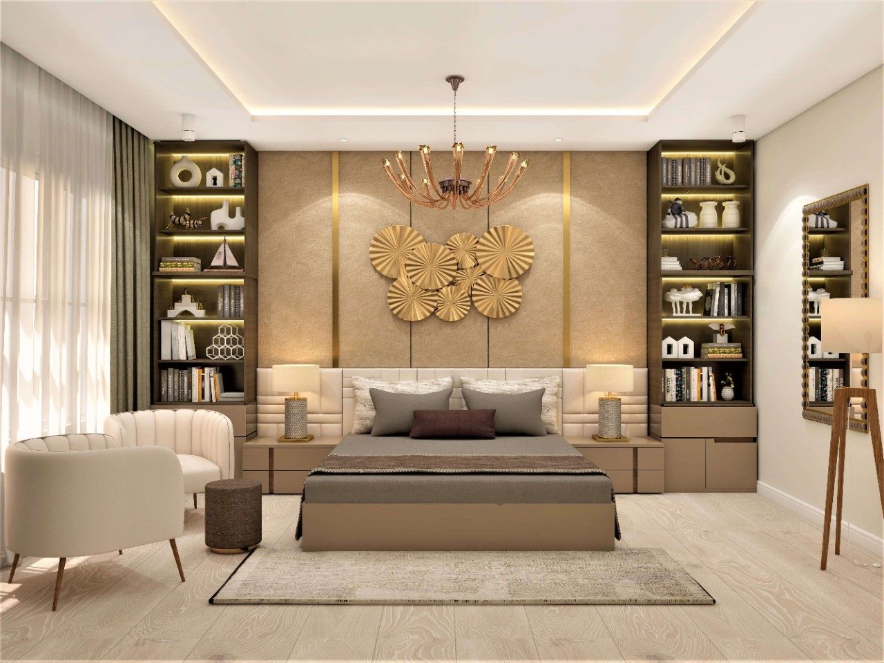 Contemporary master bedroom design with tufted leather panel - Beautiful Homes