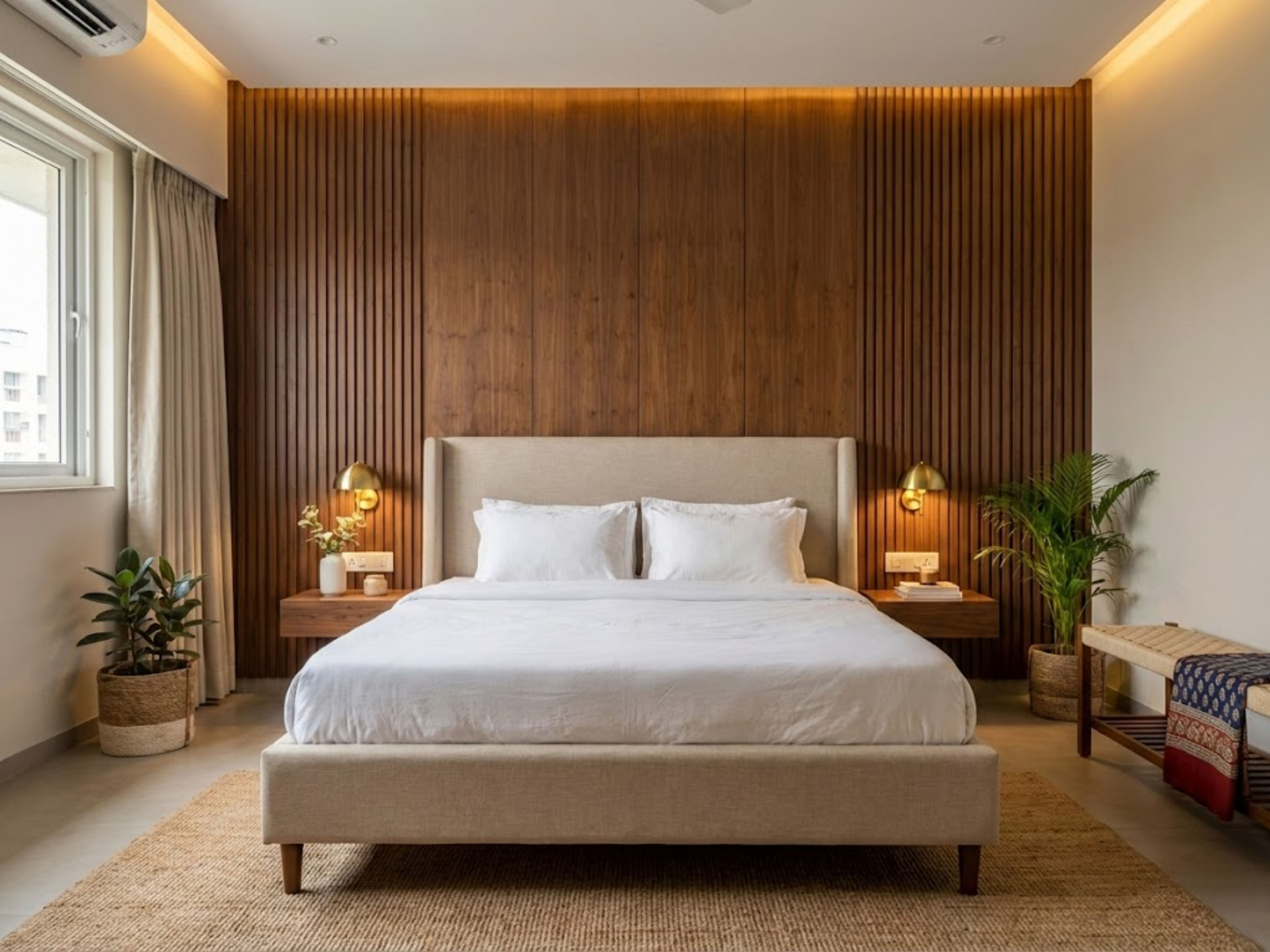 Modern bedroom with wooden wall and beige décor - Beautiful Homes