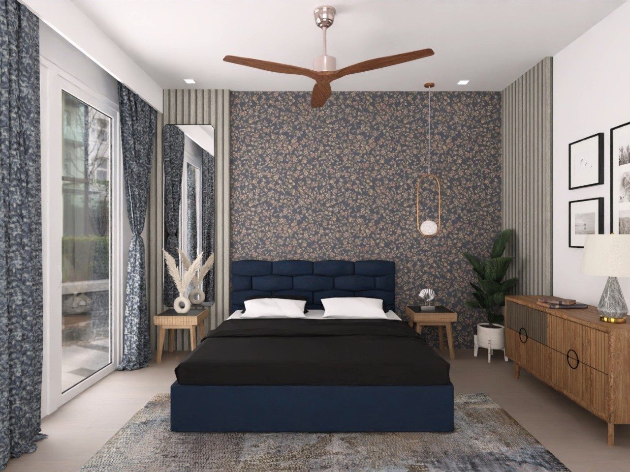 Bedroom with floral wallpaper and blue headboard - Beautiful Homes