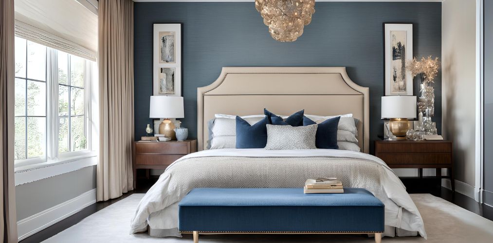 Contemporary master bedroom with blue upholstered bed and beige headboard - Beautiful Homes