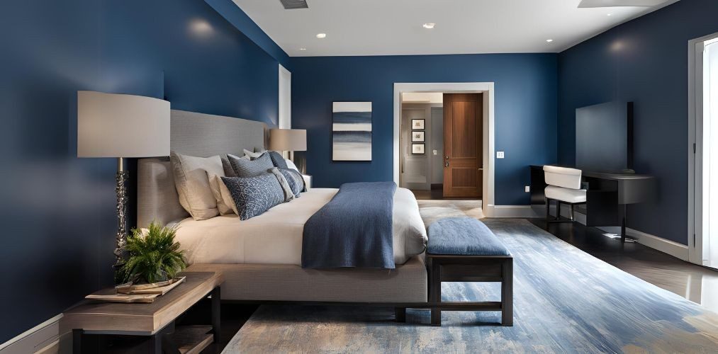 Contemporary master bedroom with blue walls - Beautiful Homes