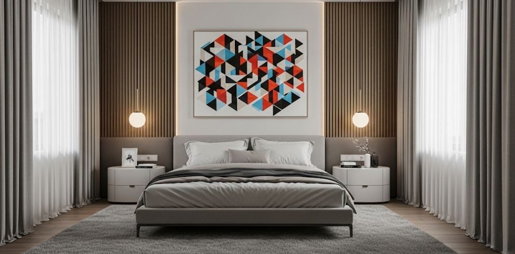 Modern bedroom with geometric wall art and grey bed - Beautiful Homes