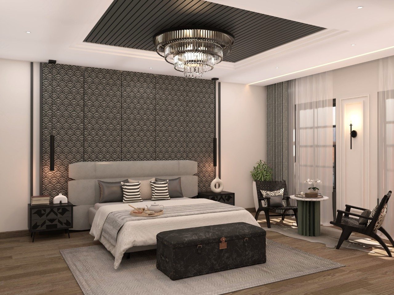 Contemporary master bedroom with geometrical fabric wall paneling - Beautiful Homes