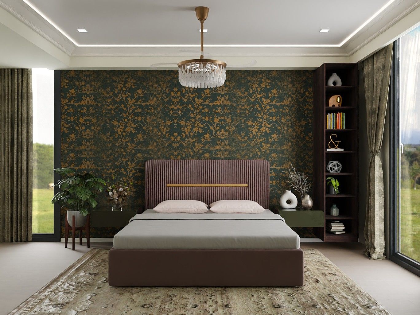 Contemporary bedroom featuring a teal and gold accent wall, plush bed, and chandelier - Beautiful Homes
