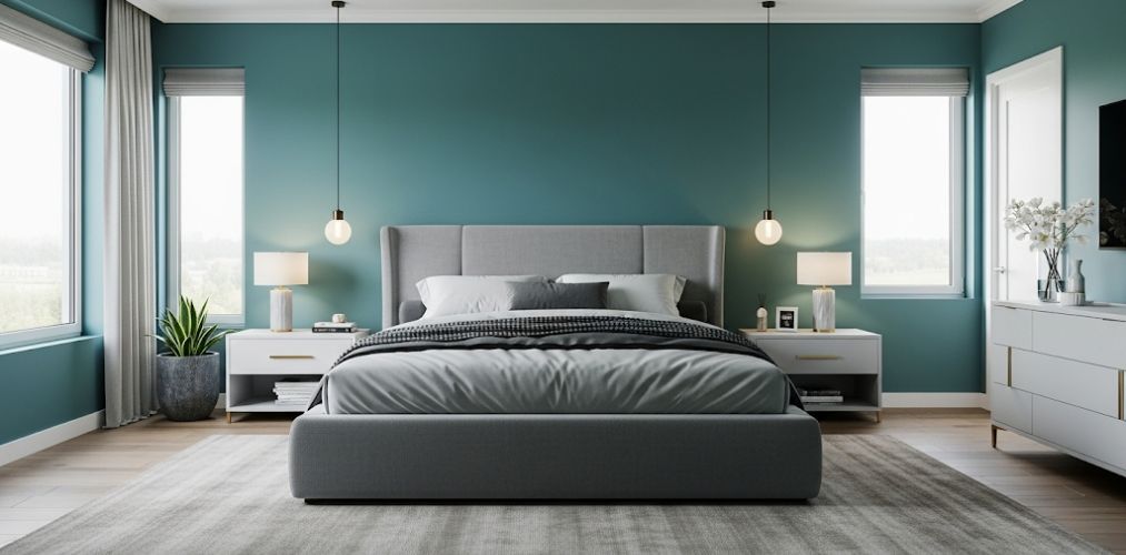 Modern bedroom with teal walls and grey bed - Beautiful Homes