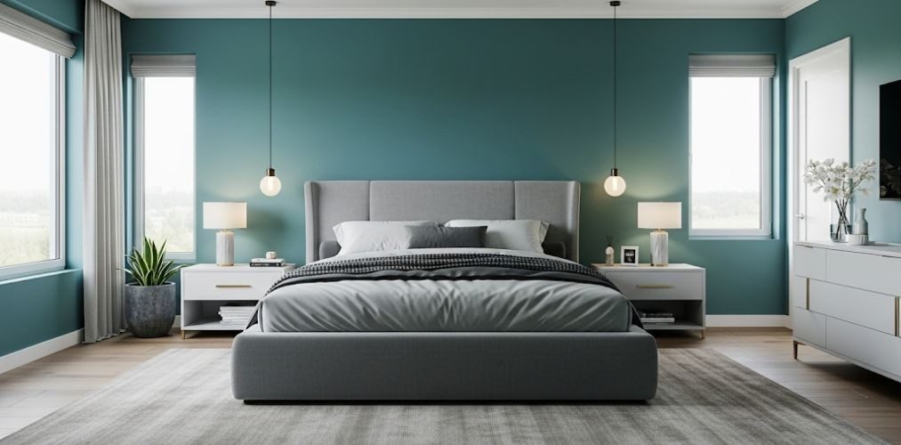 Modern bedroom with teal walls and grey bed - Beautiful Homes