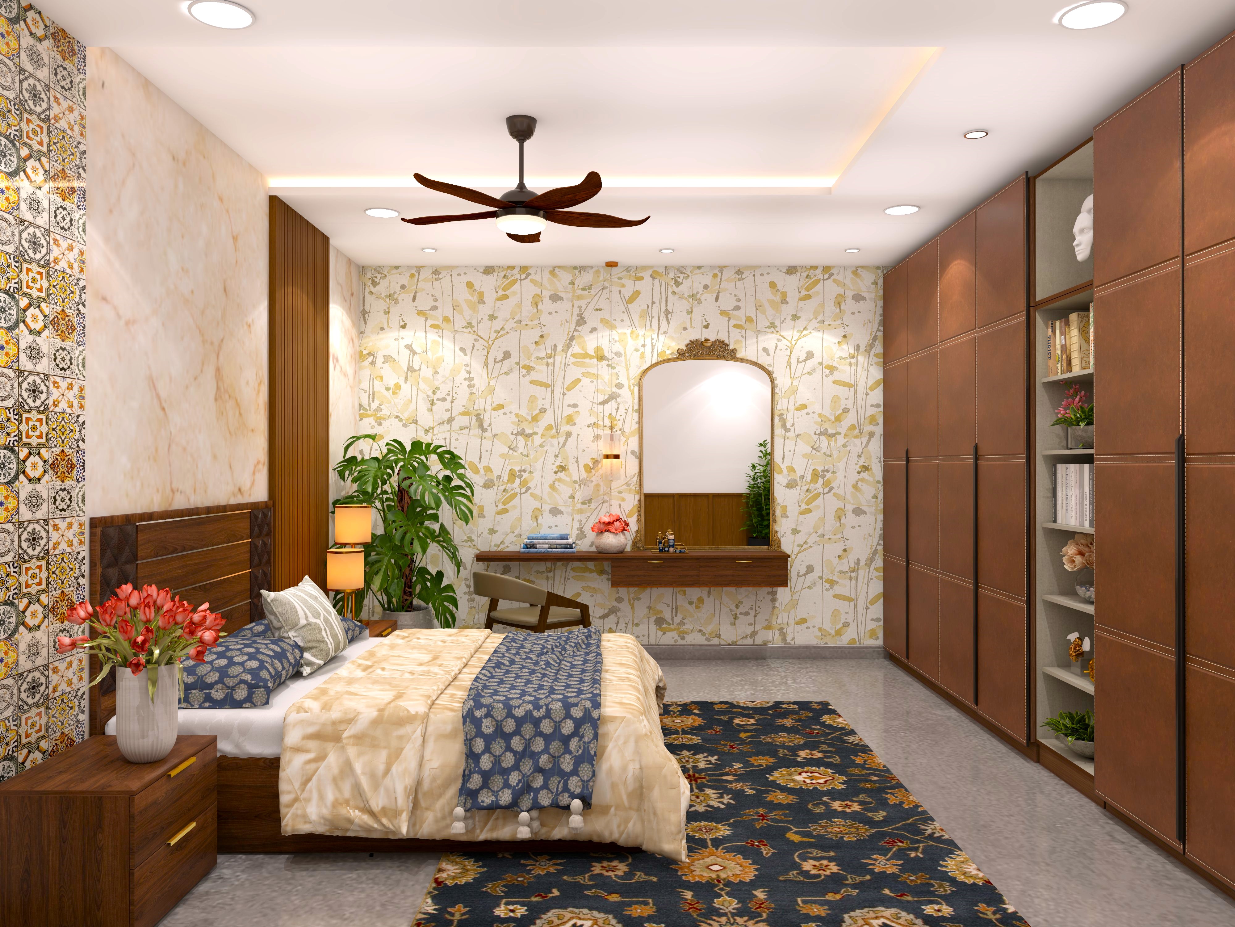 Contemporary master bedroom with tropical wallpaper and dressing table-Beautiful Homes