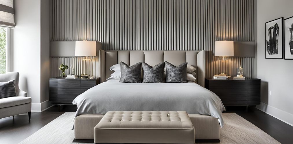 Contemporary master bedroom with wingback bed and fluted wall - Beautiful Homes