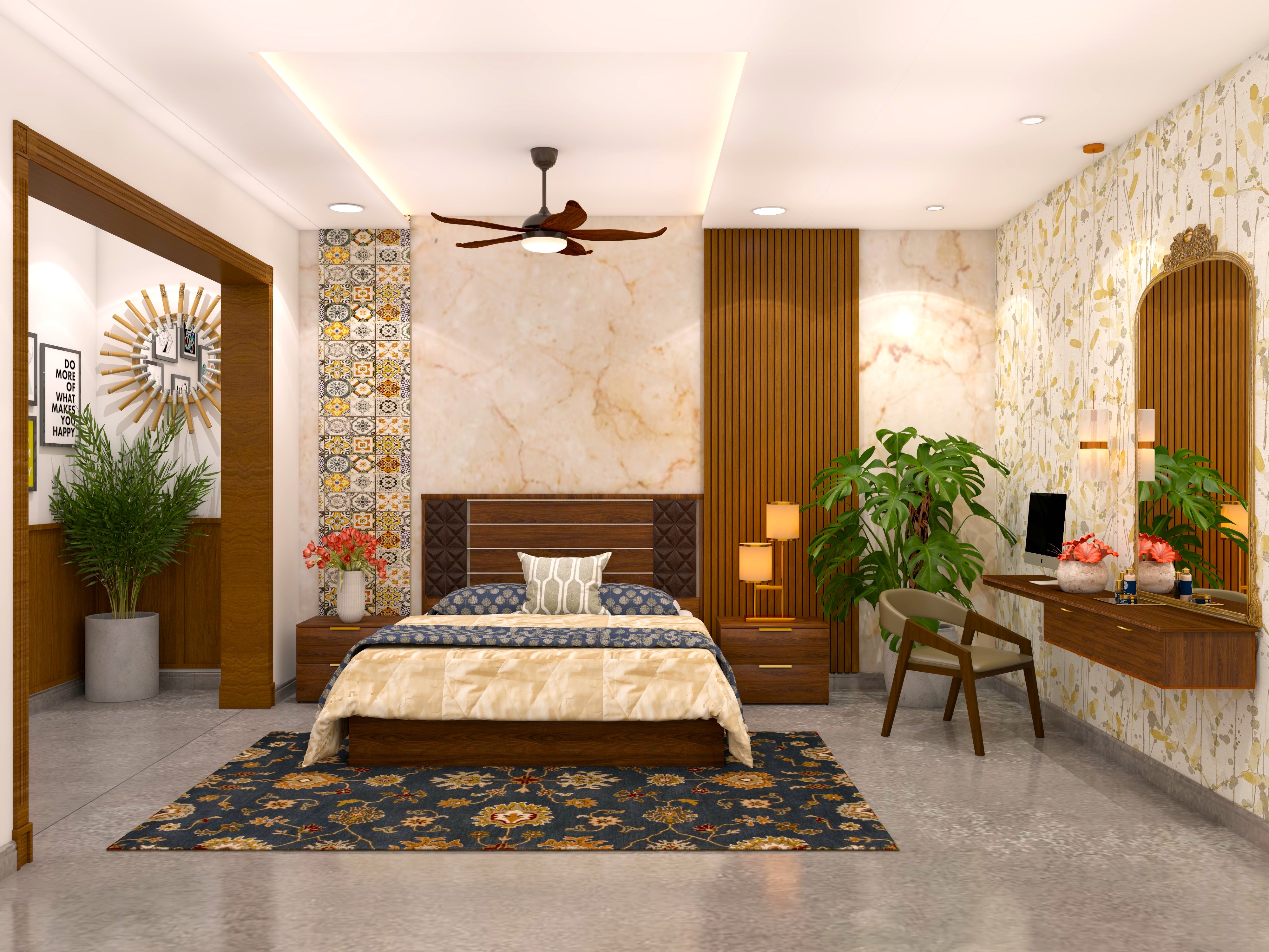 Contemporary master bedroom with wooden side tables and wall tiles-Beautiful Homes