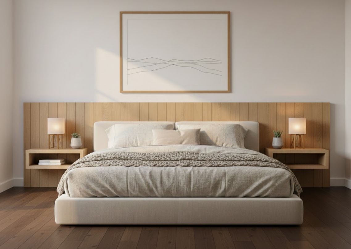 Modern bedroom with wooden headboard and soft lighting - Beautiful Homes