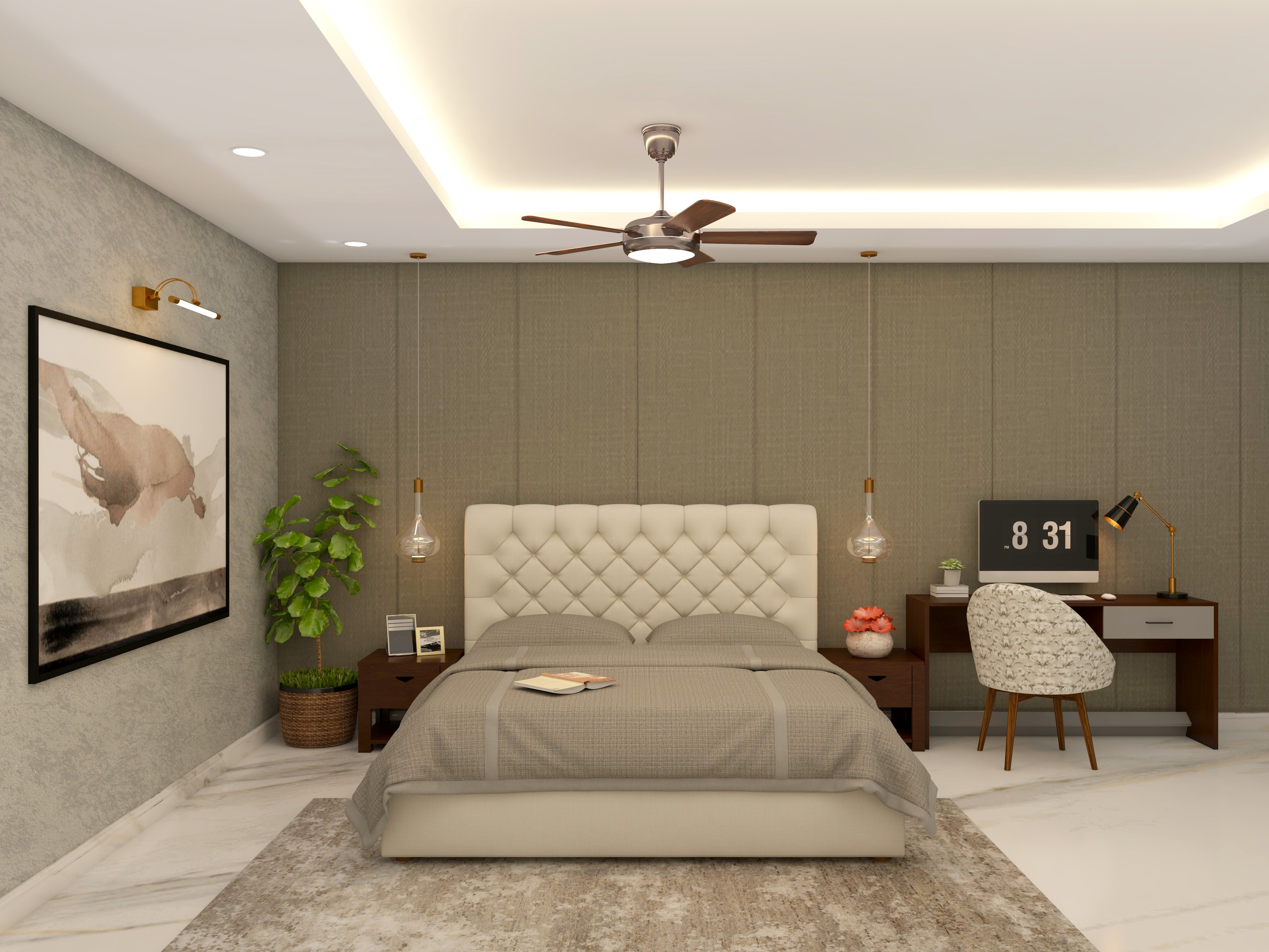 Bedroom with wooden side table and study table-Beautiful Homes