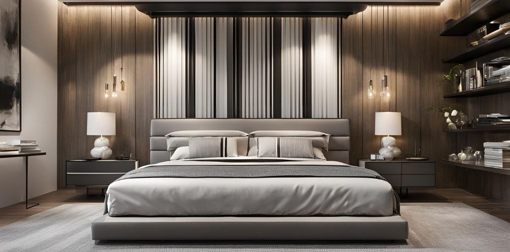 Contemporary wooden bedroom with grey upholstered bed - Beautiful Homes