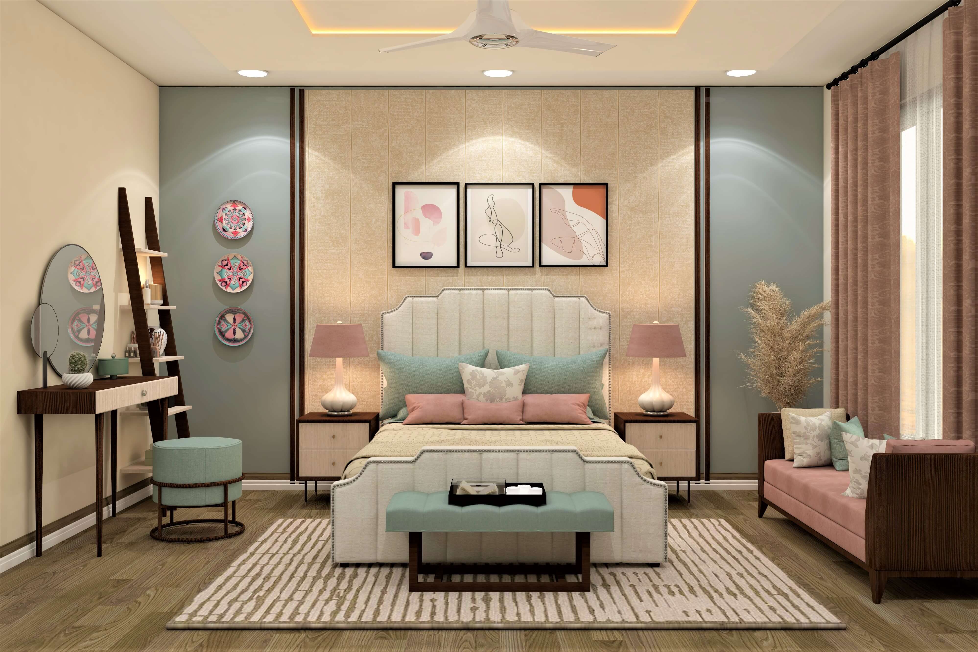 Cozy kid's bedroom with pastel undertones, built-in wardrobe, bedside tables - Beautiful Homes