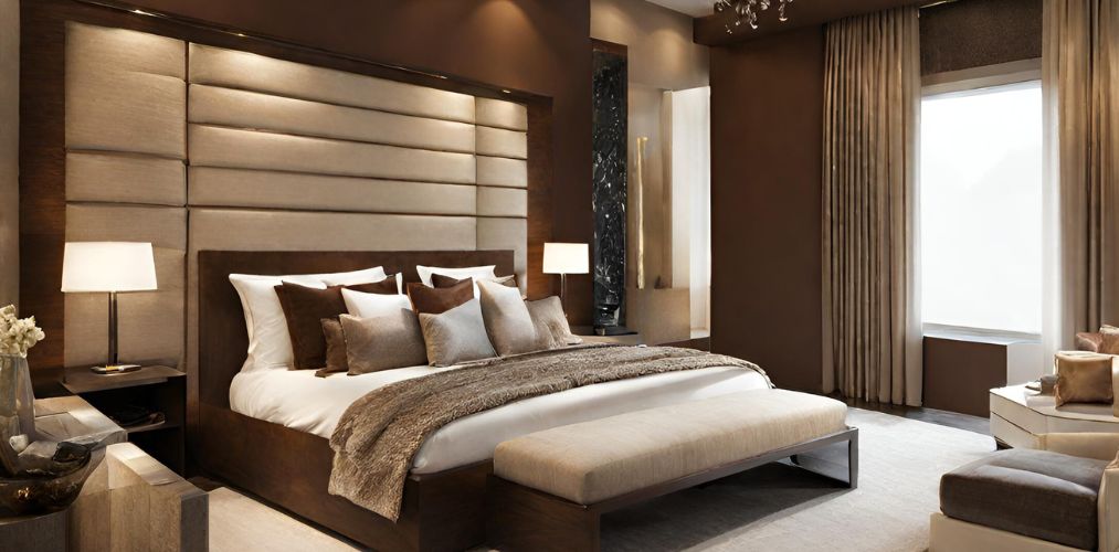 Cream and brown luxury bedroom with upholstered accent wall-Beautiful Homes