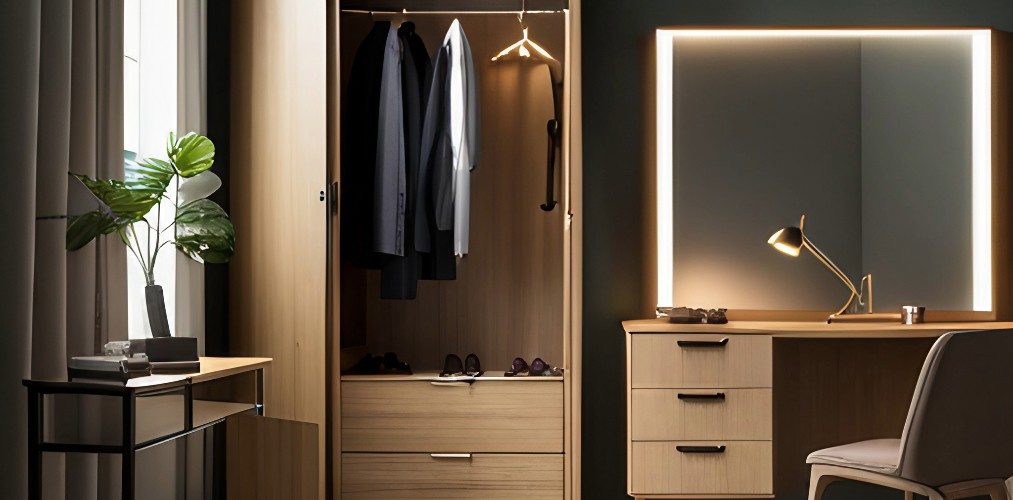 Dresser room with wardrobe, lights and table with drawers-Beautiful Homes