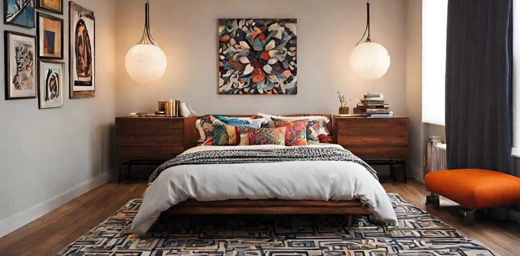 Eclectic bedroom design with pendant lights-Beautiful Homes