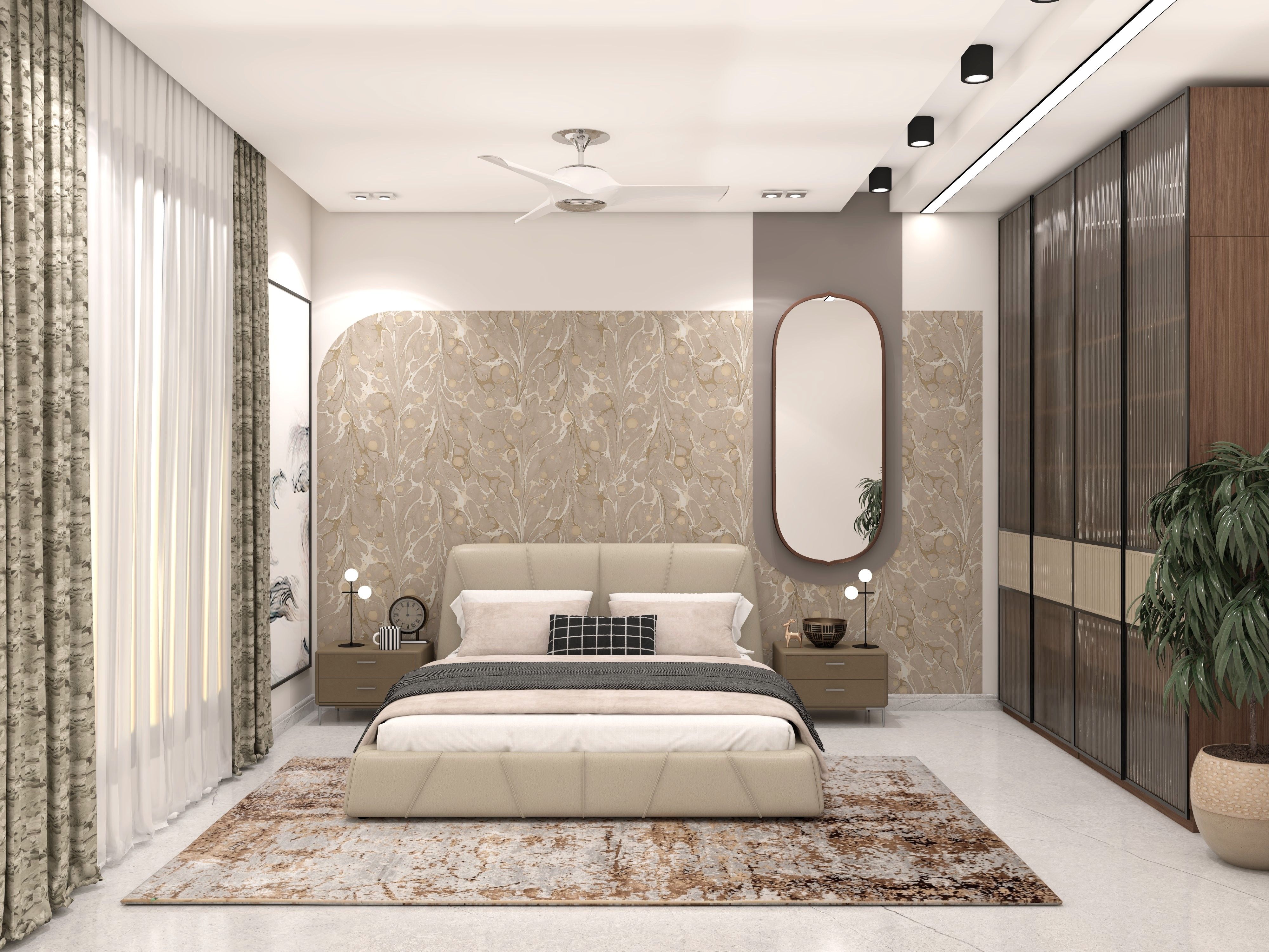 Luxurious bedroom with a marble-patterned accent wall, soft lighting, and a built-in wardrobe - Beautiful Homes