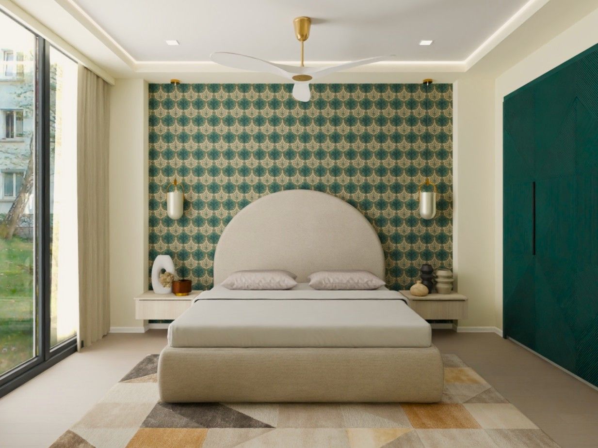 Contemporary bedroom featuring teal accents, a patterned wallpaper, and elegant lighting - Beautiful Homes