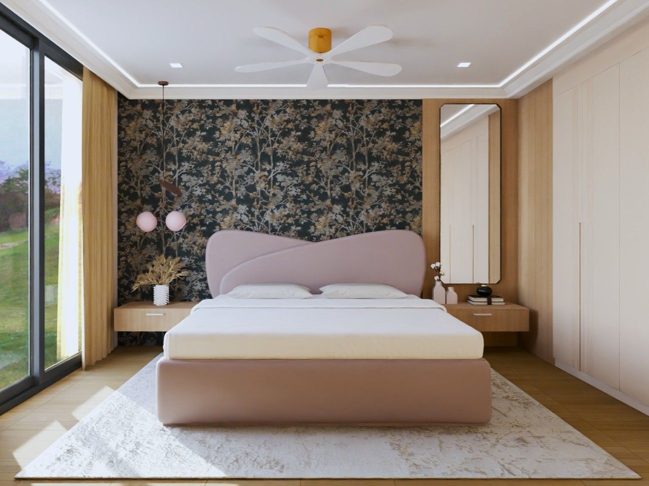 Eclectic bedroom featuring a botanical wallpaper, dusty rose bed, and natural light - Beautiful Homes