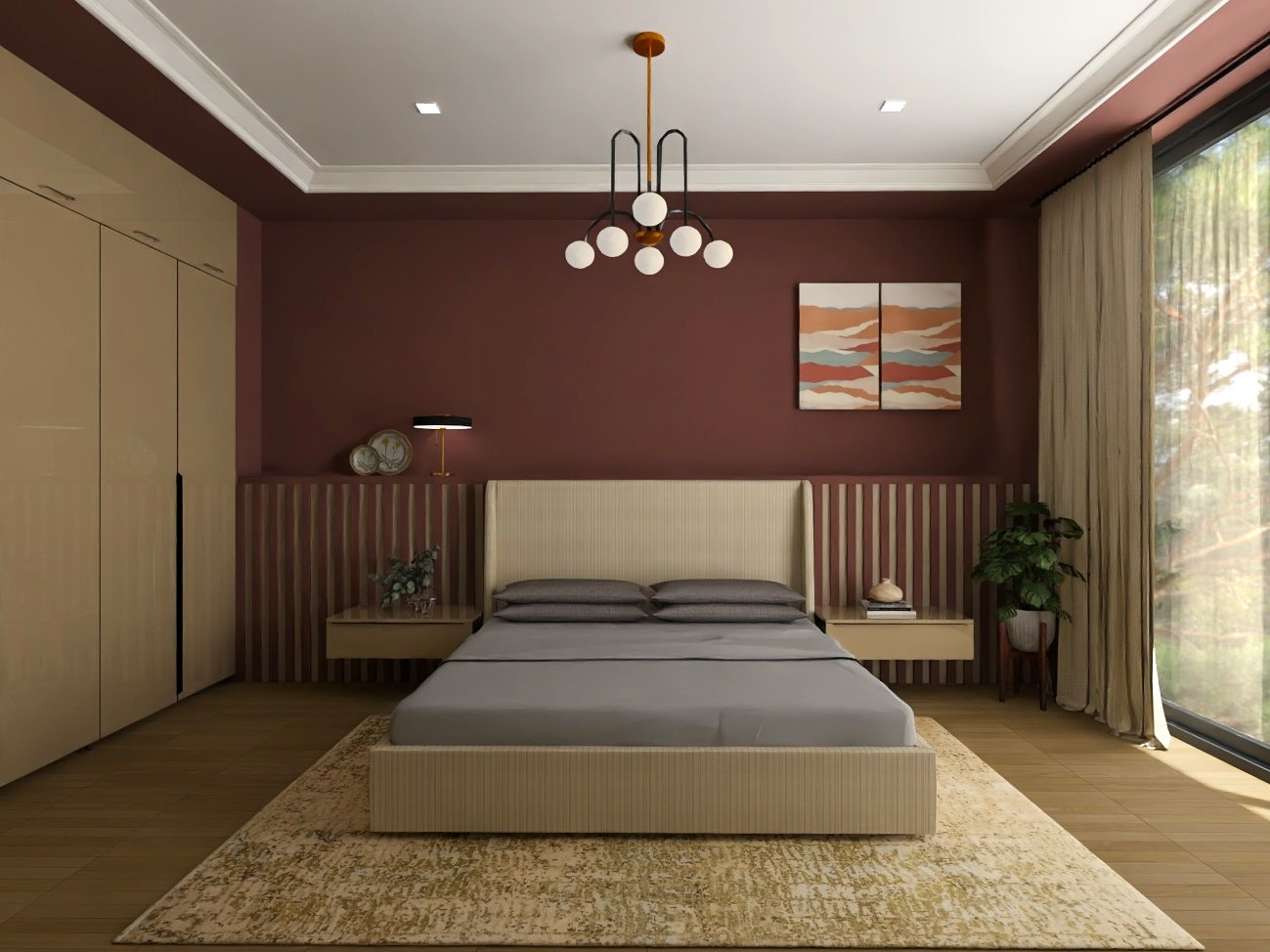 Modern bedroom with wooden floor and neutral décor - Beautiful Homes