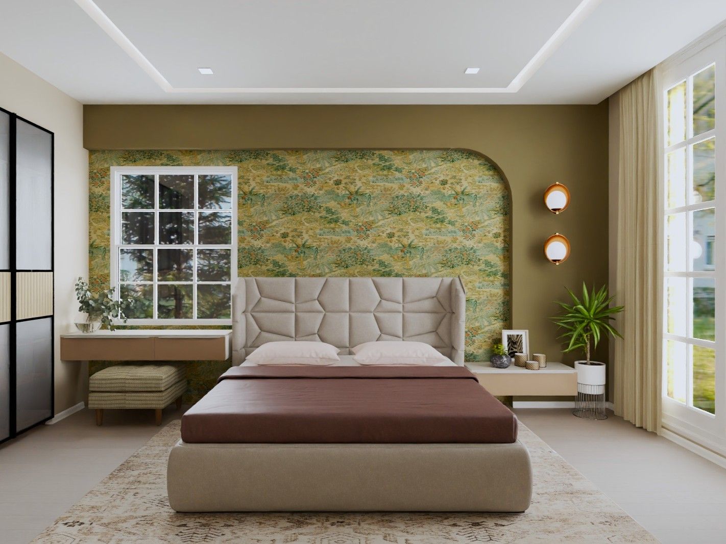 Nature-inspired bedroom featuring botanical wallpaper, earthy tones, and soft lighting - Beautiful Homes