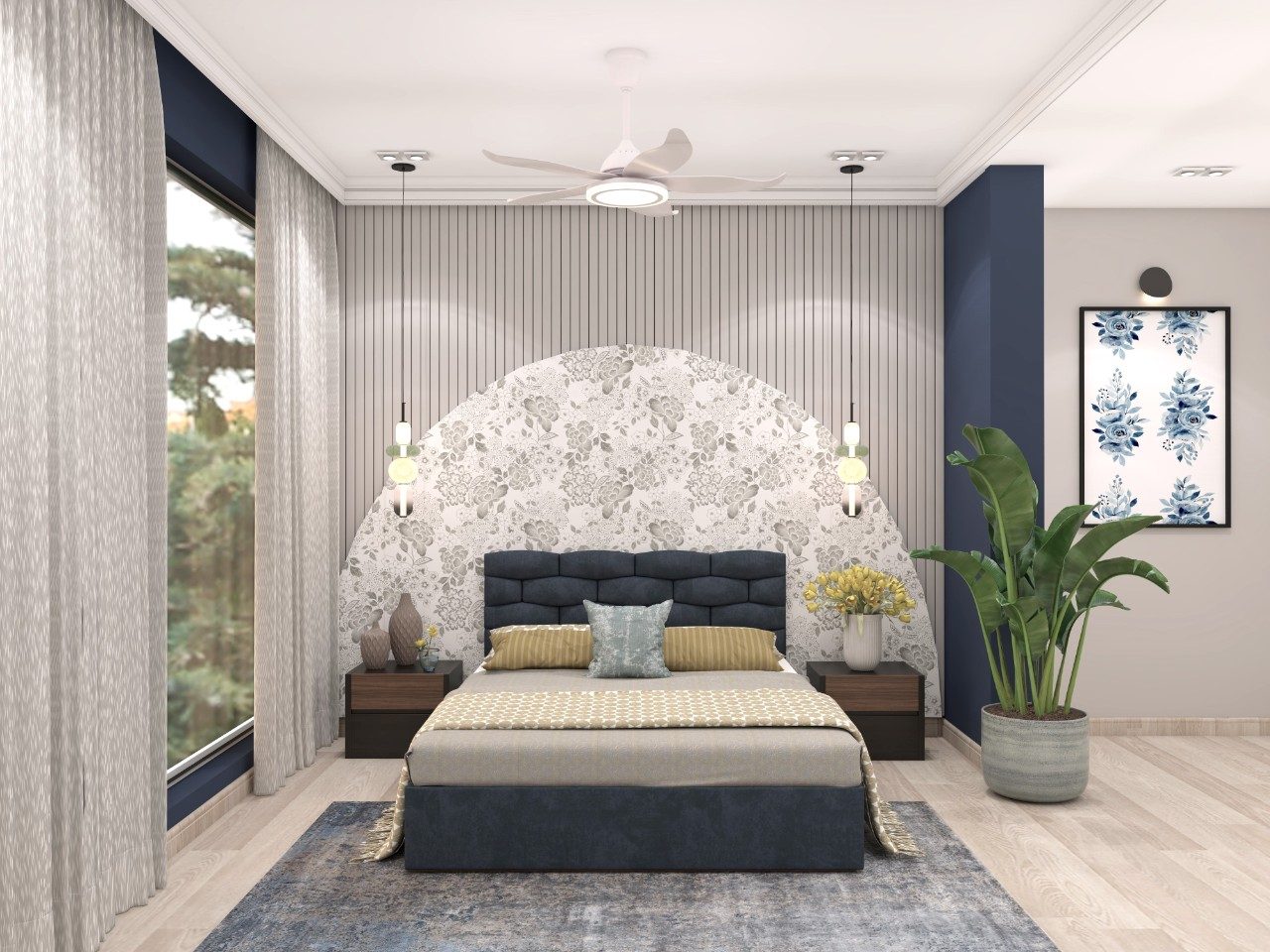 Modern bedroom with blue bed and patterned wall - Beautiful Homes