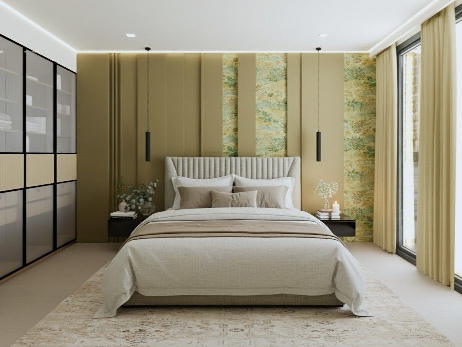 Elegant bedroom featuring gold accents, floral wallpaper, and modern pendant lights - Beautiful Homes