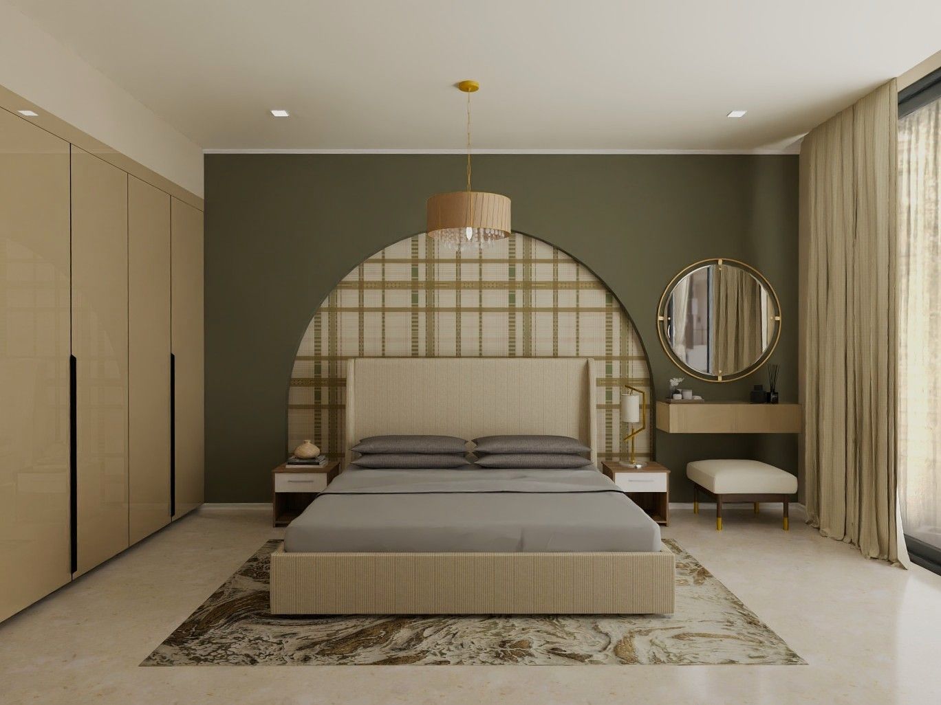 Contemporary bedroom featuring an arched wall, padded headboard, and warm lighting - Beautiful Homes