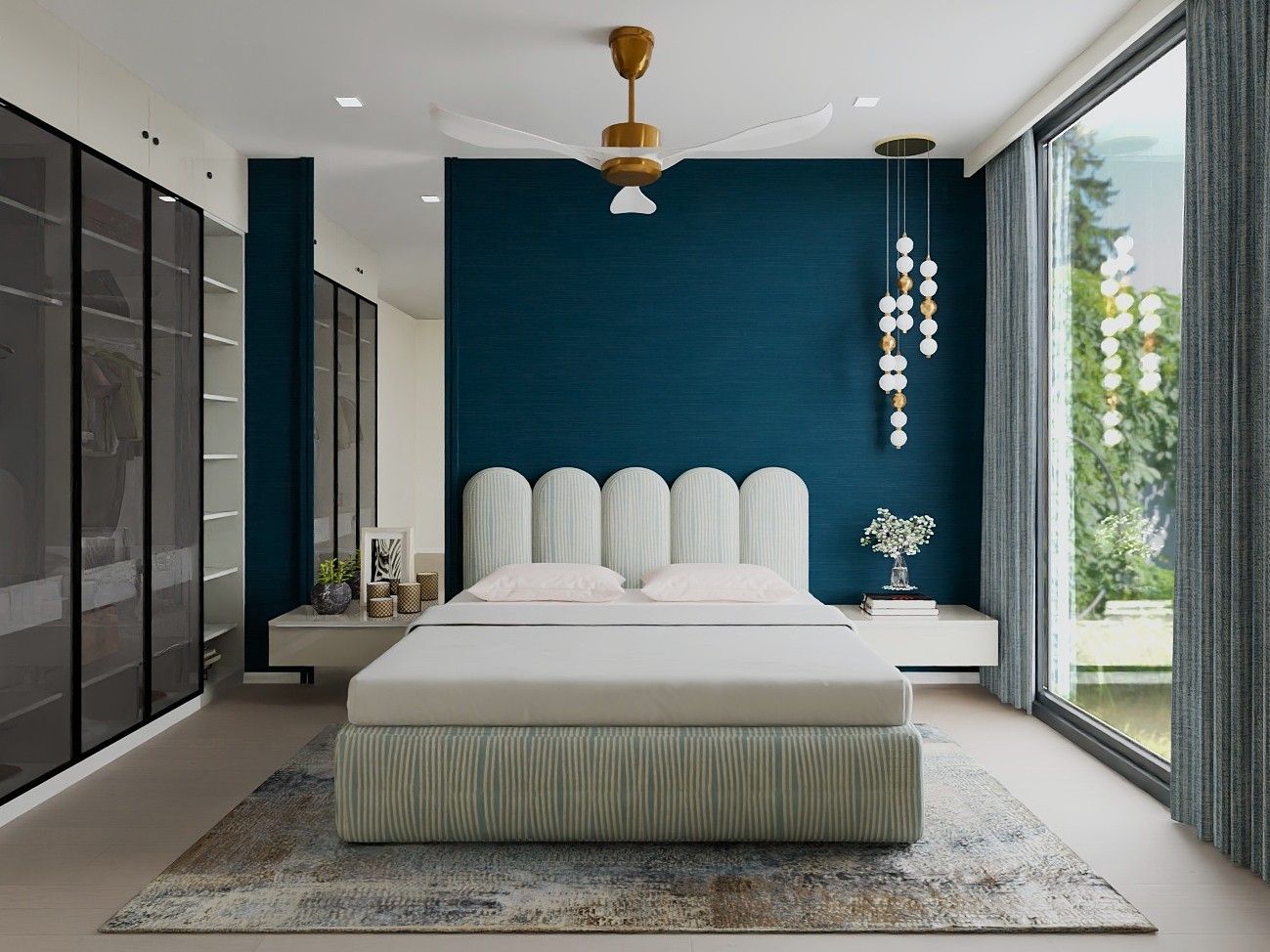 Luxurious bedroom featuring a blue accent wall, striped bed frame, and gold fixtures - Beautiful Homes