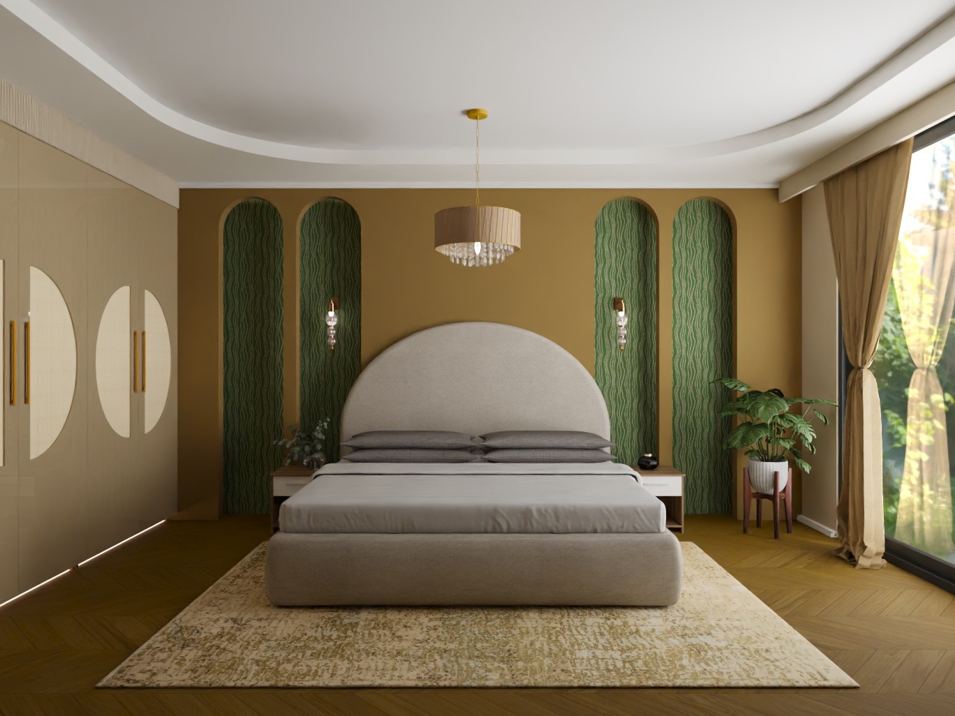 Modern bedroom with beige bed and mustard wall - Beautiful Homes