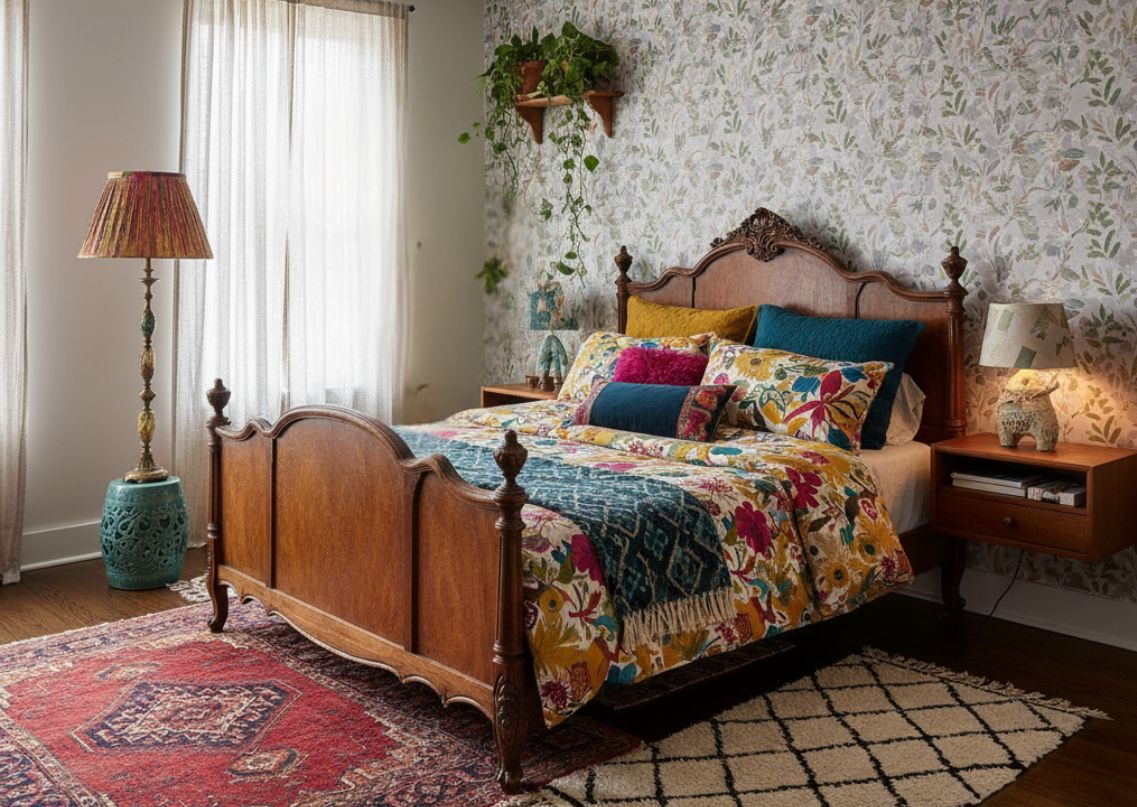 Bedroom with wooden bed, floral bedding and décor - Beautiful Homes