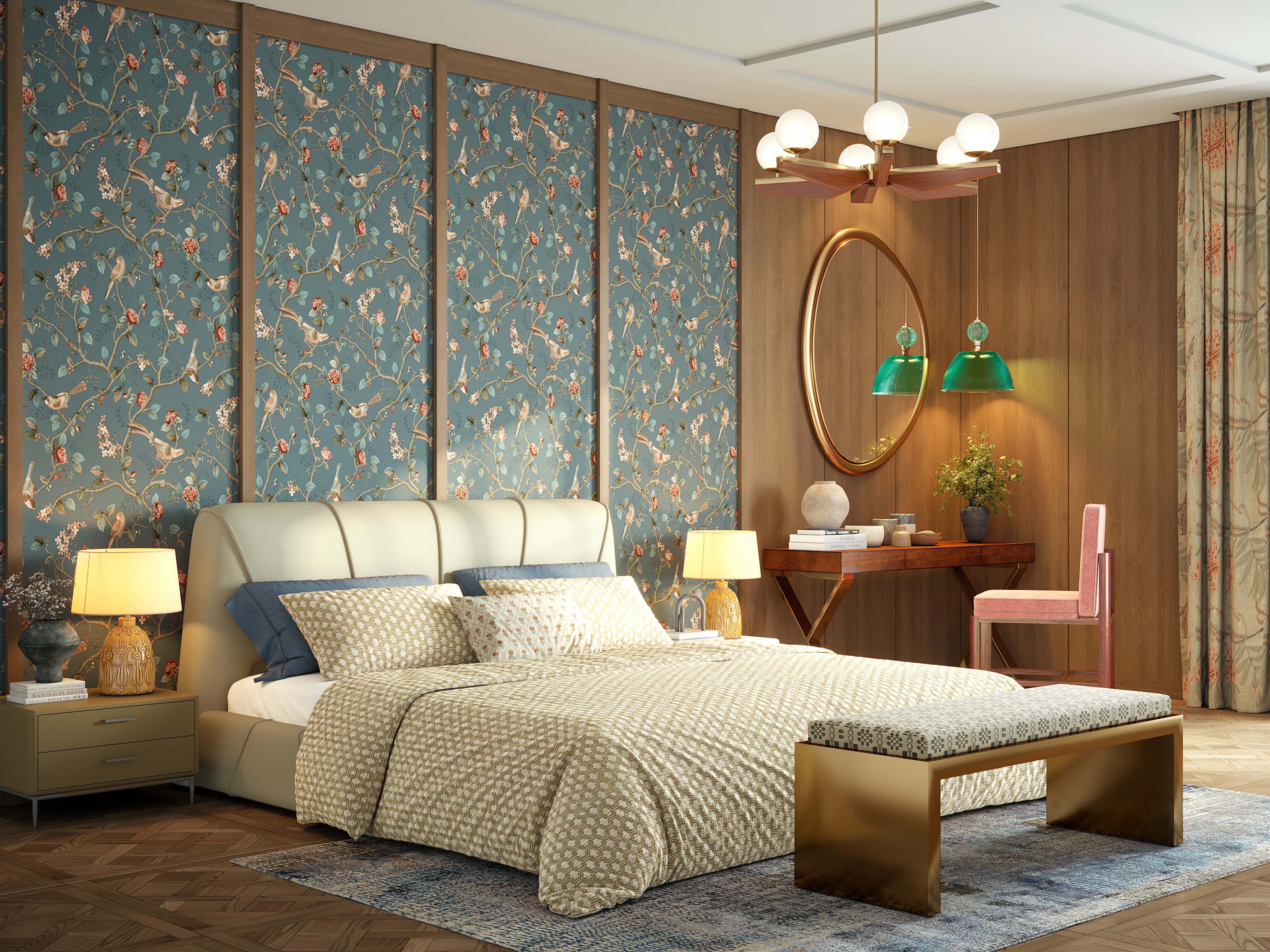 Modern bedroom with floral wall and golden bench - Beautiful Homes