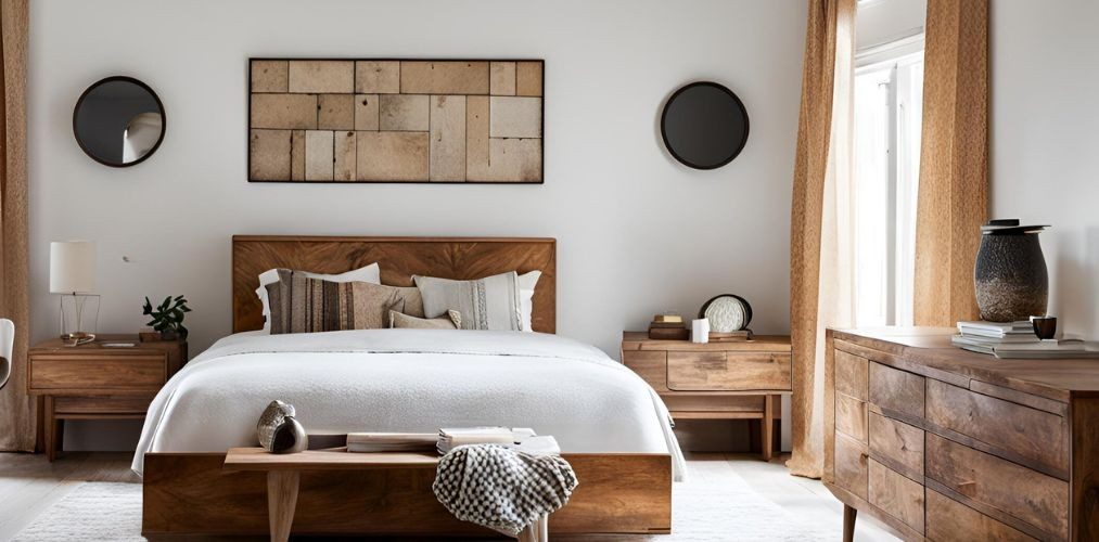 Eclectic bedroom with wooden bed and side tables - Beautiful Homes