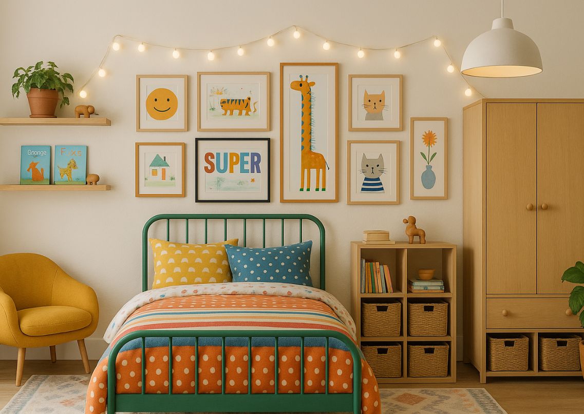 colourful kids room with bed, wall art, and lights - Beautiful Homes