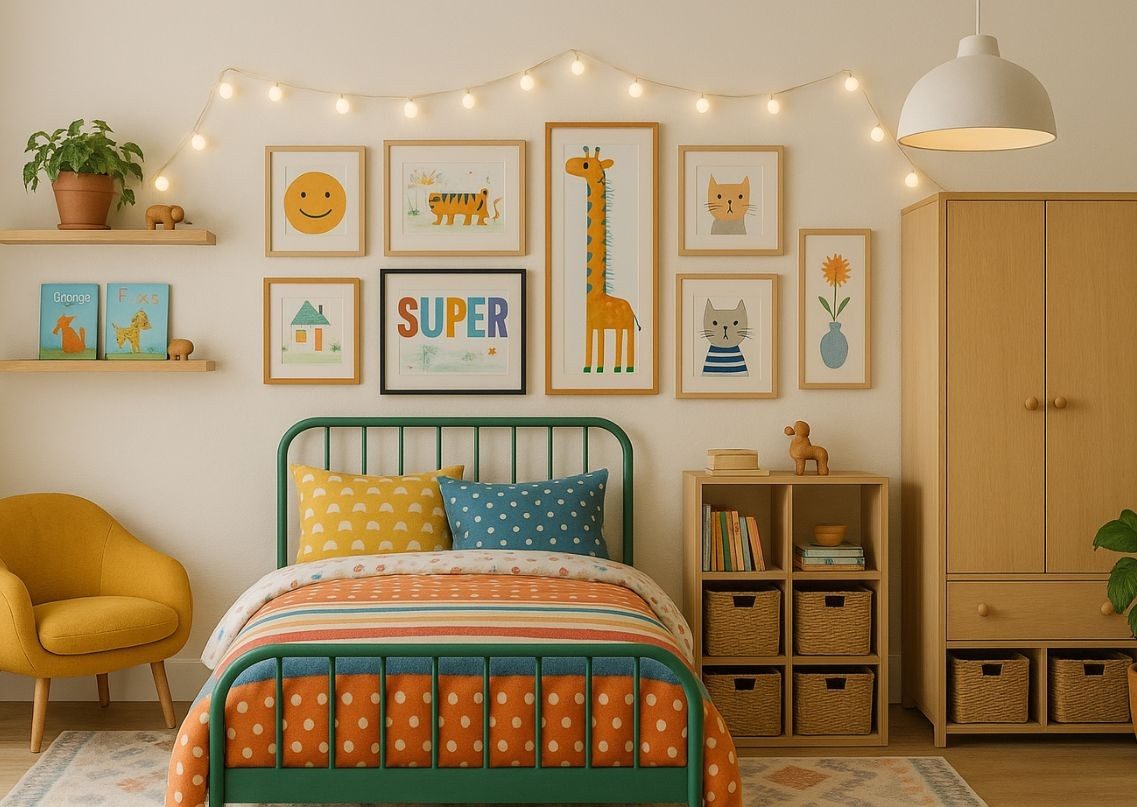 colourful kids room with bed, wall art, and lights - Beautiful Homes
