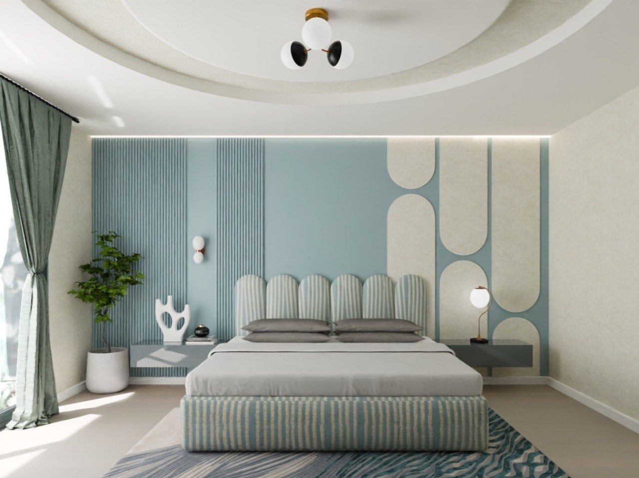Modern bedroom with blue theme and striped bed - Beautiful Homes