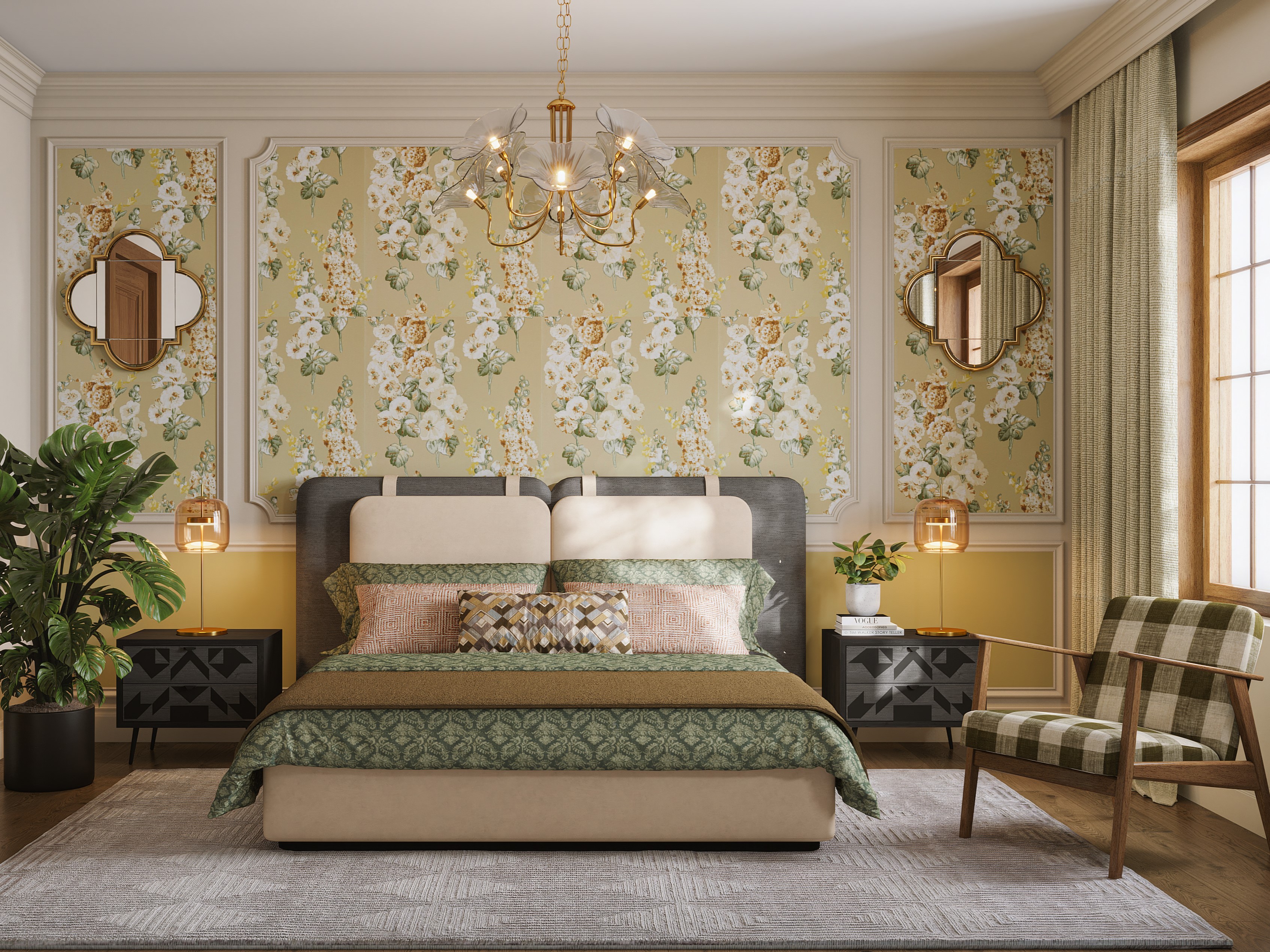 Bedroom with floral wallpaper and elegant décor - Beautiful Homes